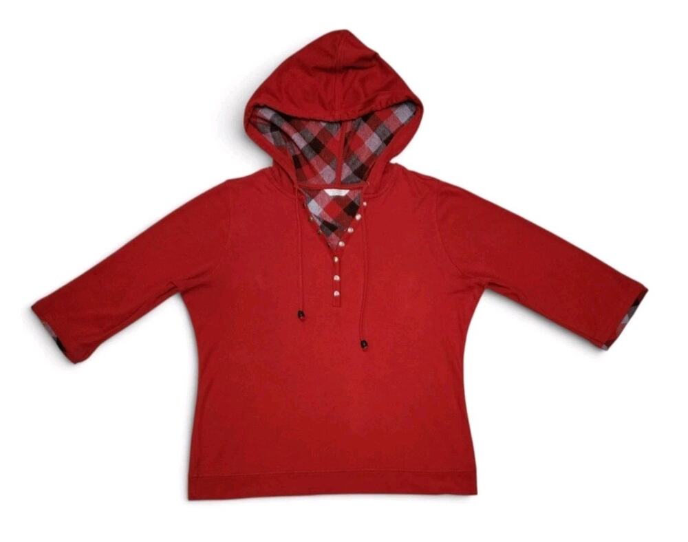 Christopher & Banks Womens Scotch Plaid Red Relaxed Hoodie Size M 3/4 Sleeve Top